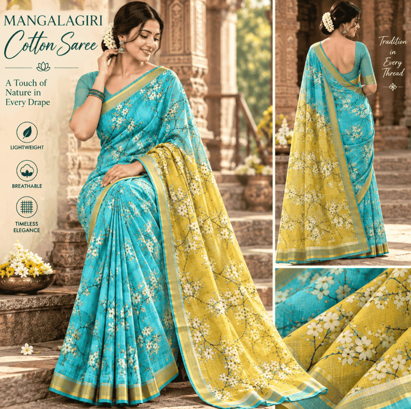 SEA GREEN MANGALAGIRI DIGITAL PRINT SAREE