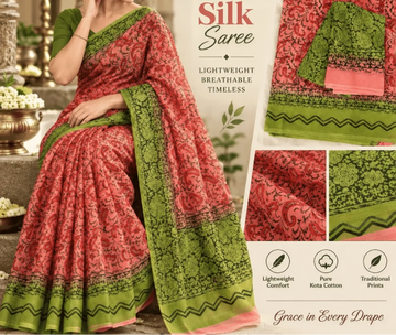 PEACH  & OLIVE KHADI SILK HAND-BLOCK PRINT SAREE