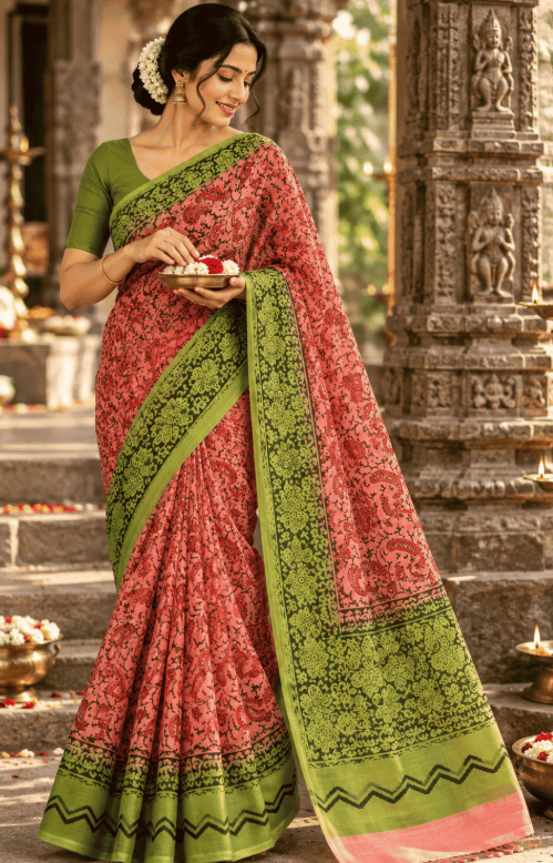 PEACH  & OLIVE KHADI SILK HAND-BLOCK PRINT SAREE
