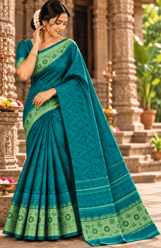 TEAL & PARROT GREEN HAND BLOCK PRINTED KHADI SILK SAREE