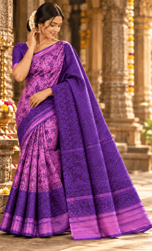 ROYAL PURPLE HAND-BLOCK PRINTED KHADI SILK SAREE WITH CLASSIC BORDERS