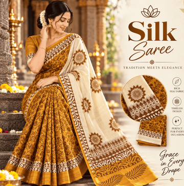 MUSTARD YELLOW & OFF-WHITE HANDBLOCK PRINTED KHADI SILK SAREE