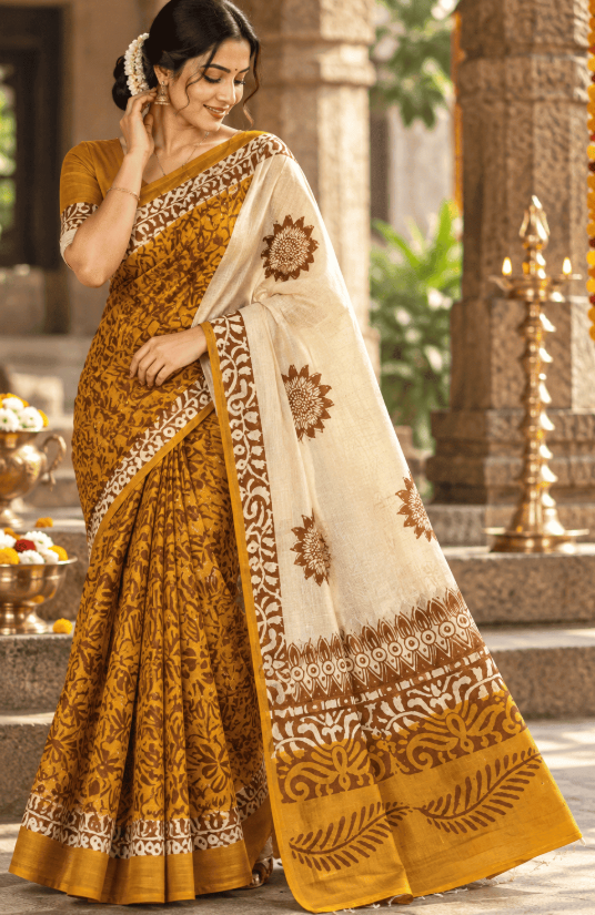 MUSTARD YELLOW & OFF-WHITE HANDBLOCK PRINTED KHADI SILK SAREE