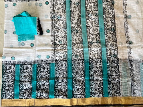Teal & Ivory Digital Printed Kota Cotton Saree