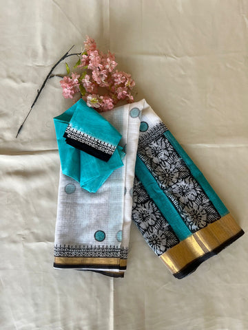 Teal & Ivory Digital Printed Kota Cotton Saree