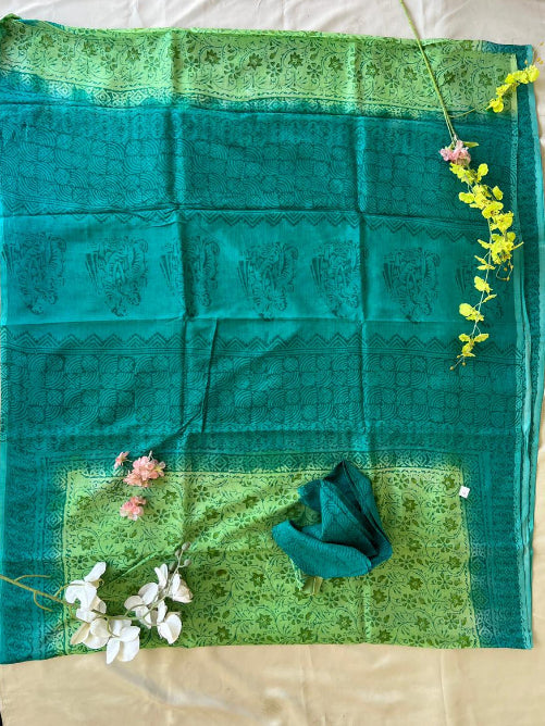 Teal & Parrot Green Hand Block Printed Khadi Silk Saree