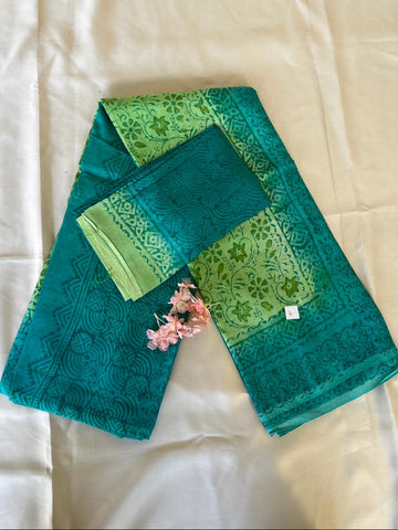 Teal & Parrot Green Hand Block Printed Khadi Silk Saree