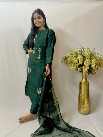 Teal green Embroidered Straight Kurta Set with Sheer Dupattakurti set