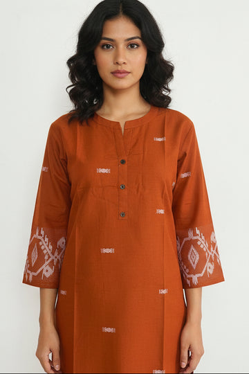 Rust Orange Handloom Co-ord Set with Ikat Weaving