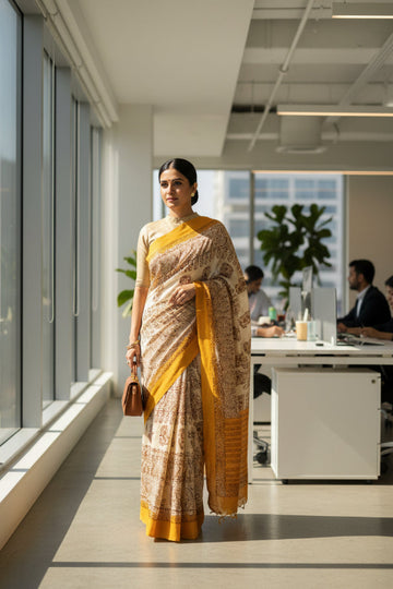 Mustard Yellow & Ivory Hand-Block Printed Khadi Silk Saree