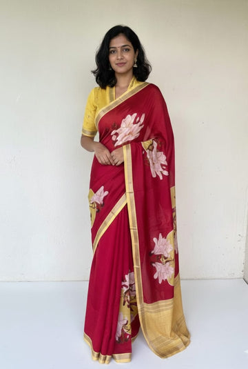 RED MANGALAGIRI DIGITAL PRINT PATTU SAREE WITH CLASSIC GOLD BORDER
