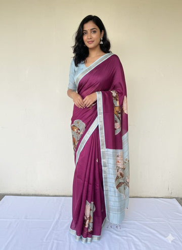 VIVID PINK WITH A SLIGHT PURPLE MANGALAGIRI DIGITAL PRINT PATTU SAREE