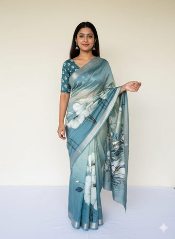 SEAFOAM BLUE MANGALAGIRI DIGITAL PRINT PATTU SAREE