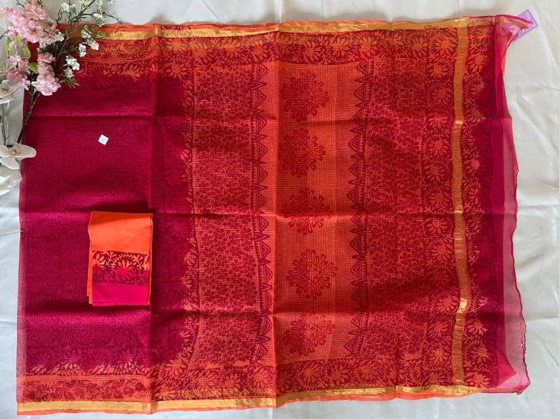Crimson Red Digital-Print Kota Cotton Saree