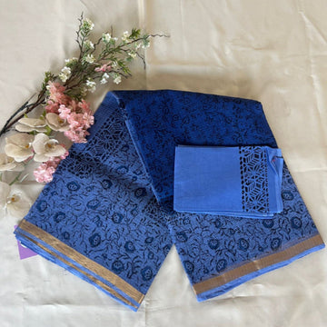 Royal Blue Digital-Print Cotton Kota Saree