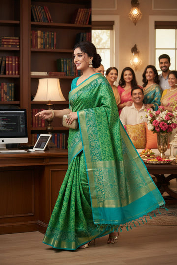 Teal & Leaf Green Block Print Kota Cotton Saree