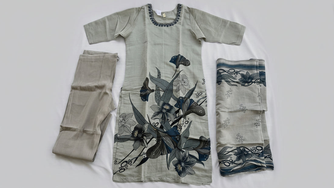Grey Floral Printed Kurta Set with Embellished Neckline