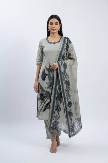 Grey Floral Printed Kurta Set with Embellished Neckline