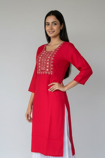 Red Embroidered Kurta Set