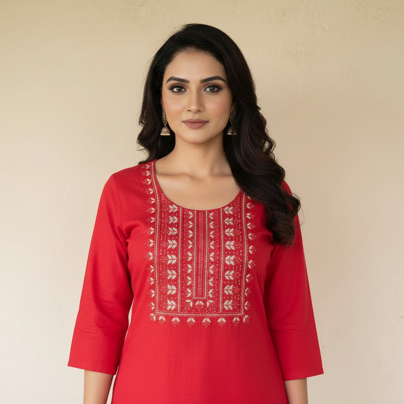 Red Embroidered Kurta Set