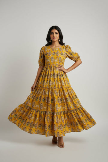 MUSTARD YELLOW 3 FLOUNCY FRILLS KALAMKARI DRESS