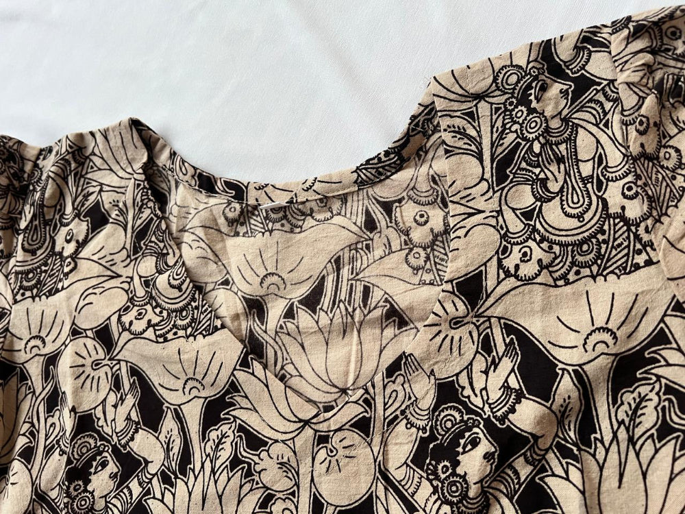 CREAM WITH BLACK PURE COTTON KALAMKARI PRINT KURTI