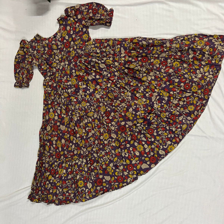 Wine Pure Cotton 3 Flouncy Frills Kalamkari Dress