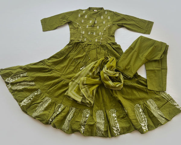 Mehandhi Green Pure Cotton 3 Piece Kurti Set