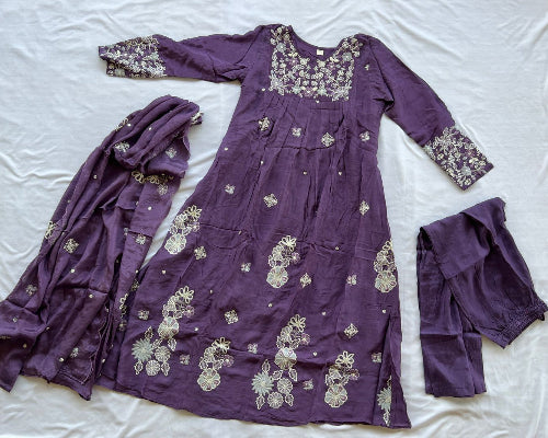 Violet  Pure Chinon with Pearl Floral Three Piece Kurti Set