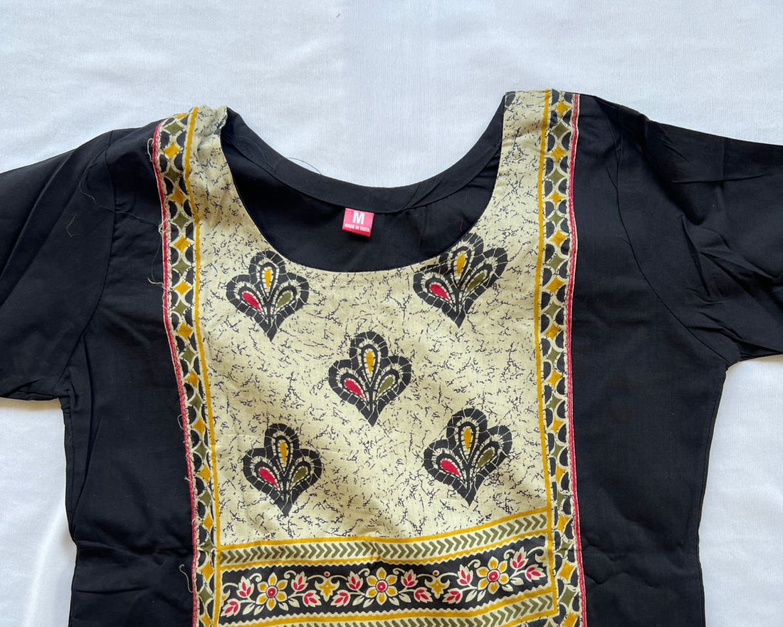 BLACK DRESS WITH AN EMBROIDERED BEIGE YOKE COTTON THREE PIECE KURTI SET