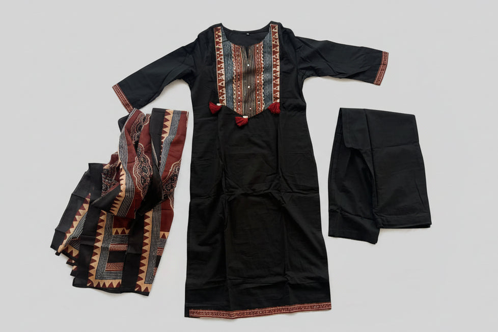 Black  Pure Cotton  Three-Piece Kurti Set