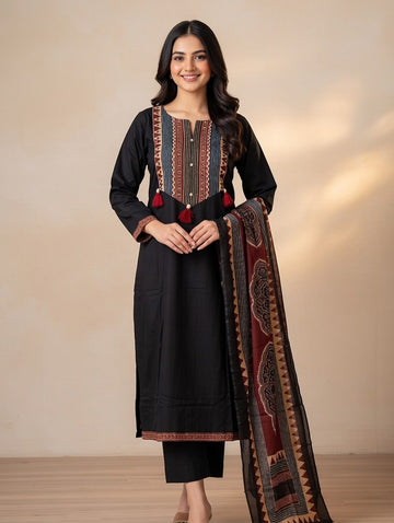 Black  Pure Cotton  Three-Piece Kurti Set