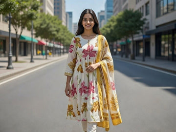 Half white & Pink Flowers Three Piece Kurti Set