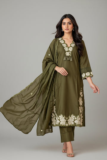 Mehendi Green Cotton  3pc Embroidery Kurti Set