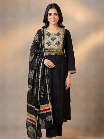 BLACK DRESS WITH AN EMBROIDERED BEIGE YOKE COTTON THREE PIECE KURTI SET