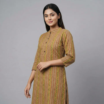 Light-Mustured Stripes Kalamkari Print Short Kurti
