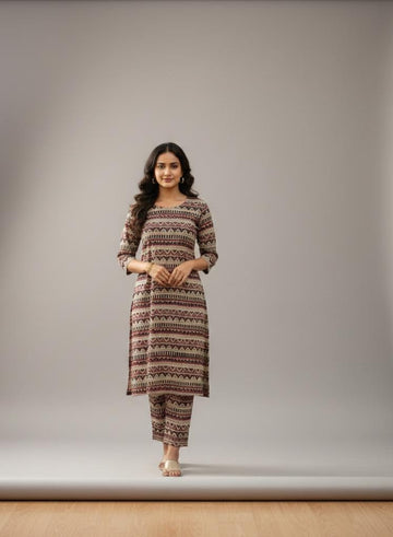 Pink and Cream Zig Zag Kalamkari Co-ord Set