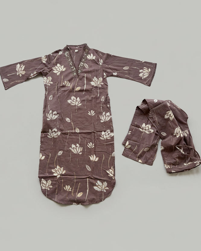 Muted Purple-Brown Lotus Print Cotton Co-ord Set