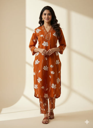 Rust Orange Lotus Print Cotton Co-ord Set