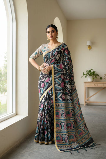 Blue Hand Block Printed Cotton Kota Kalamkari Saree