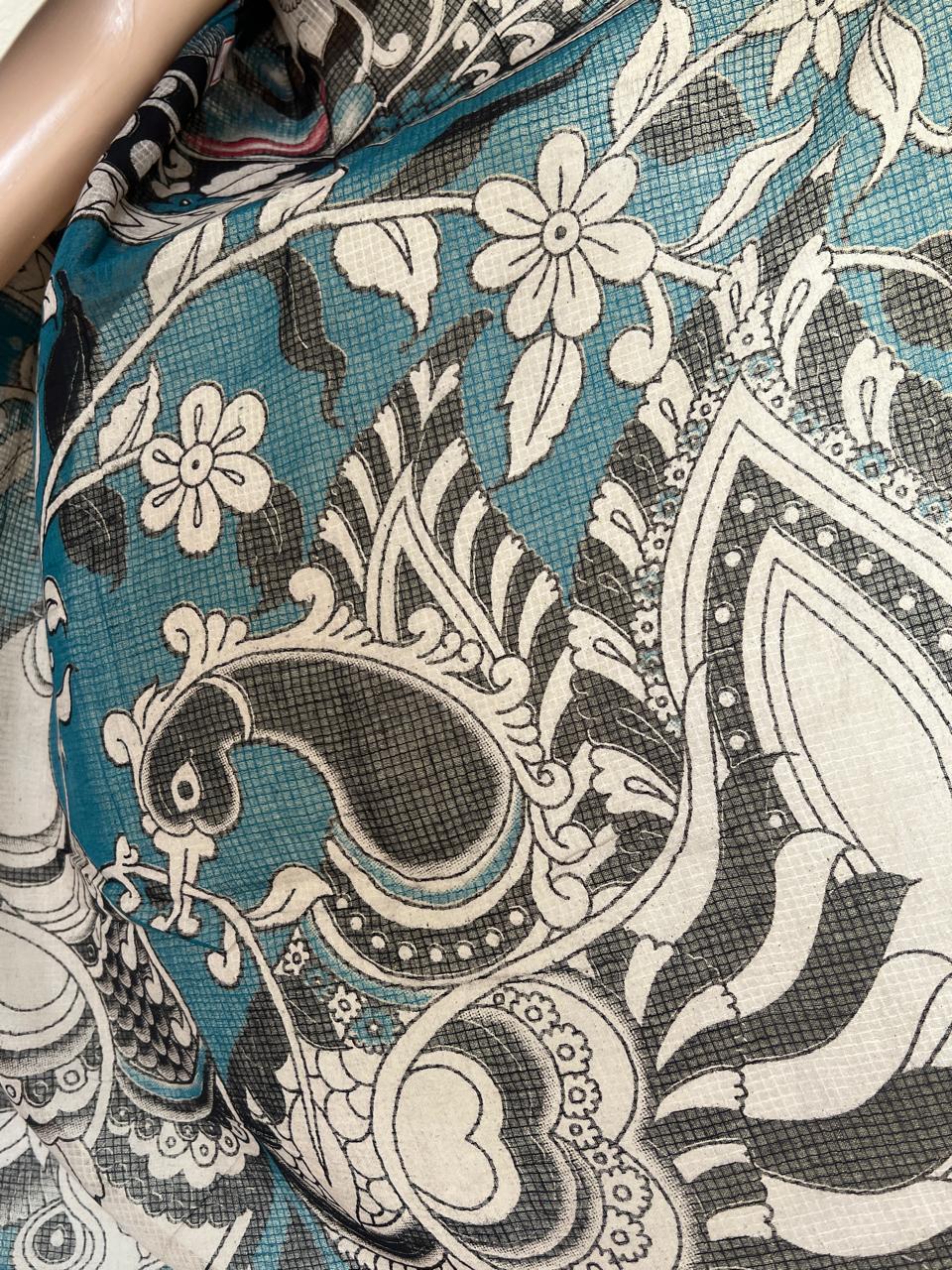 Blue Hand Block Printed Cotton Kota Kalamkari Saree