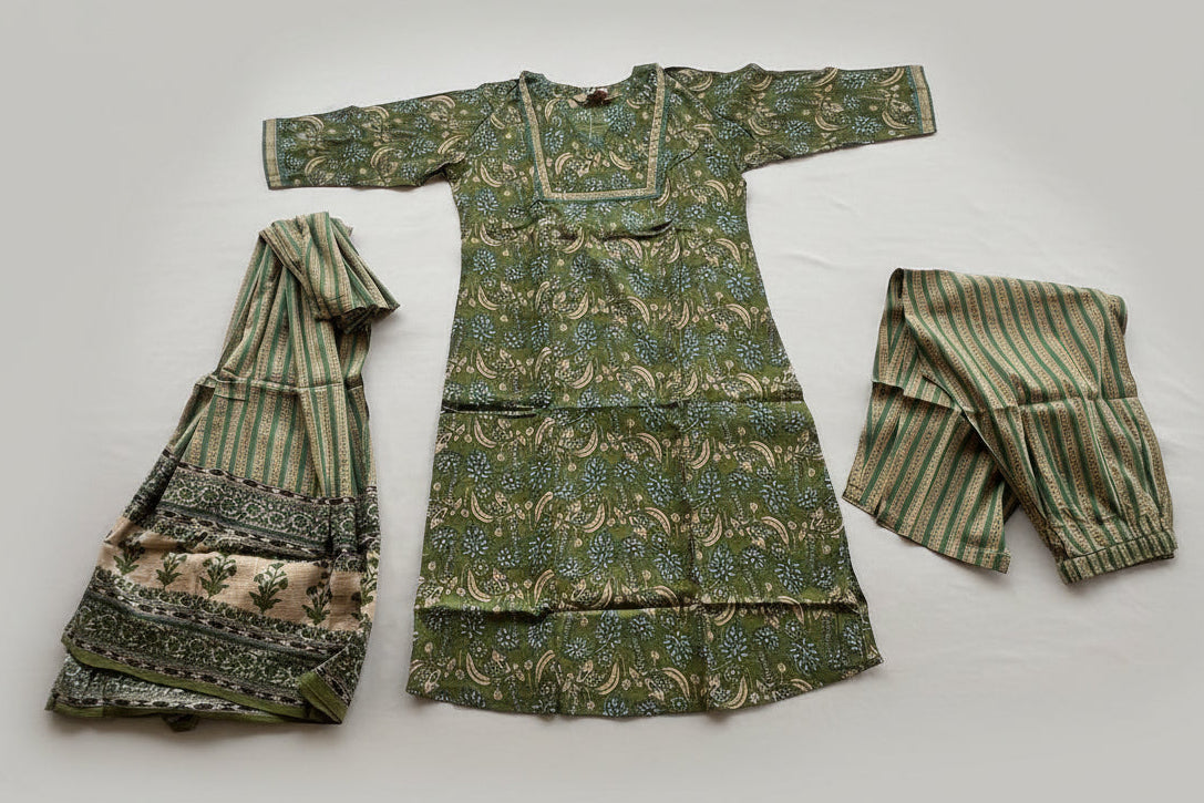 Green Pure Cotton Three-Piece Straight Kurti Set
