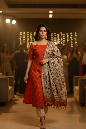 RUST ORANGE KURTI WITH KALAMKARI DUPPATA