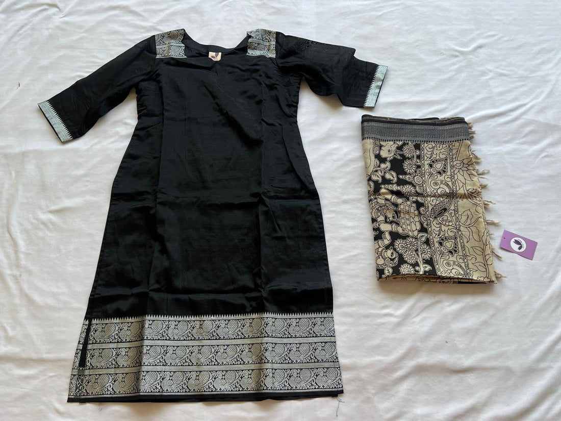 Black Mangalagiri Pattu Kurti With Kalamkari Duppata