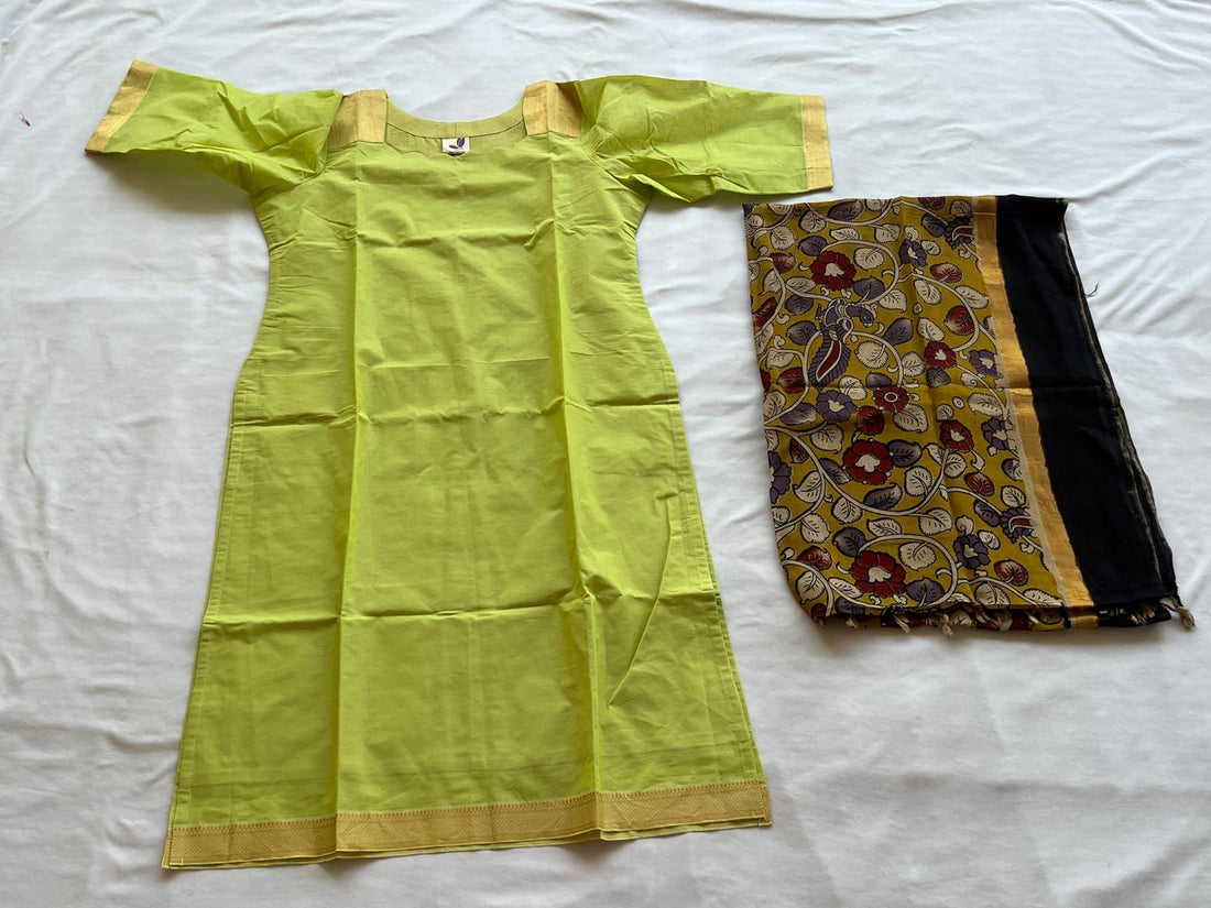 Pista Green Pure Cotton Kurti With Kalamkari Duppata