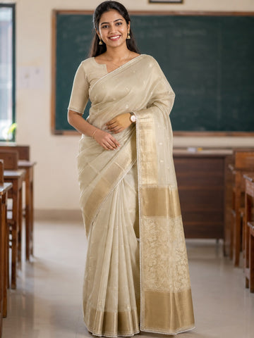 CREAM SEMI-TUSSAR EMBROIDERY SAREE