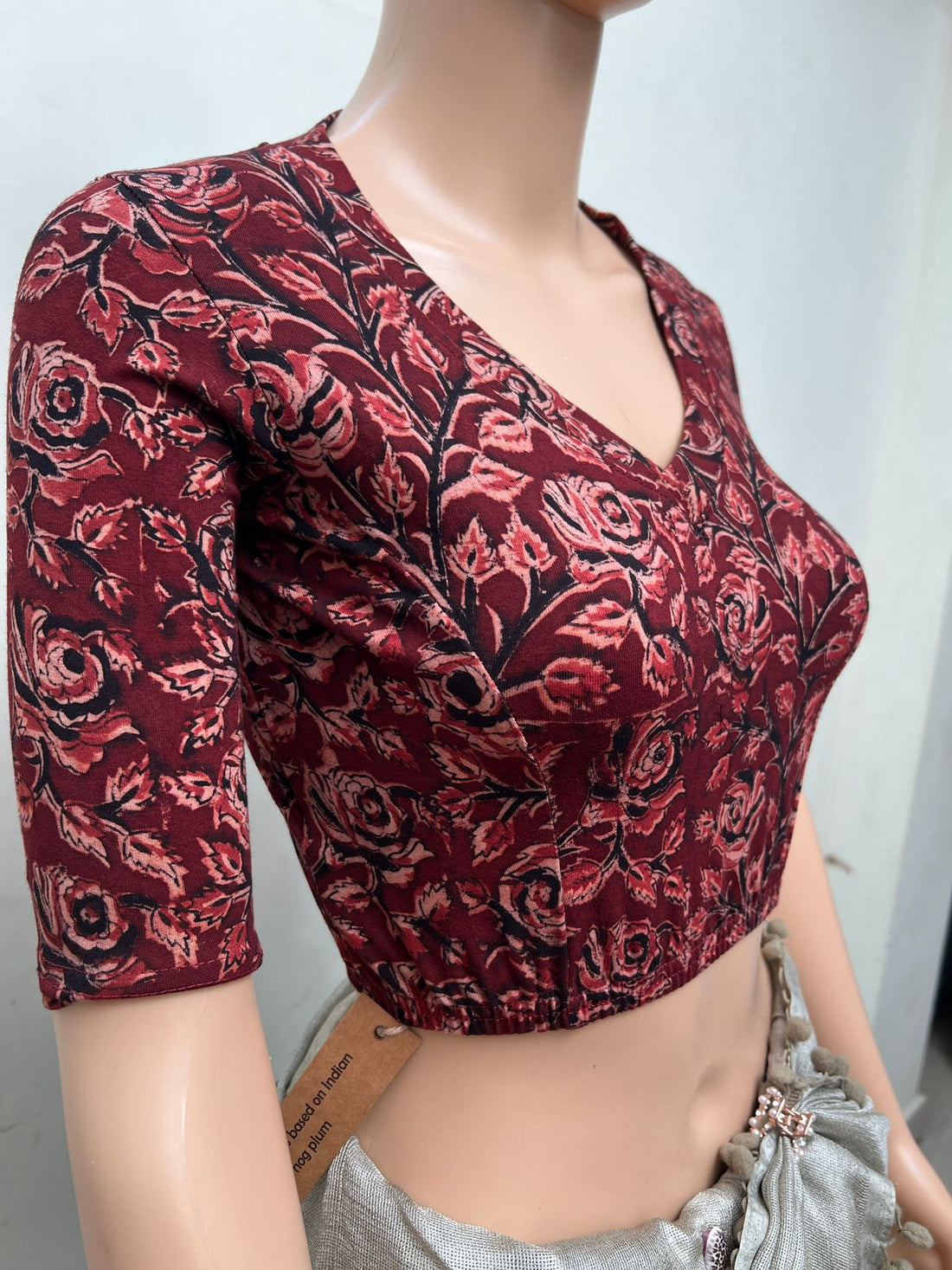 Maroon Red V Neck Cotton Stretchable Kalamkari Blouse
