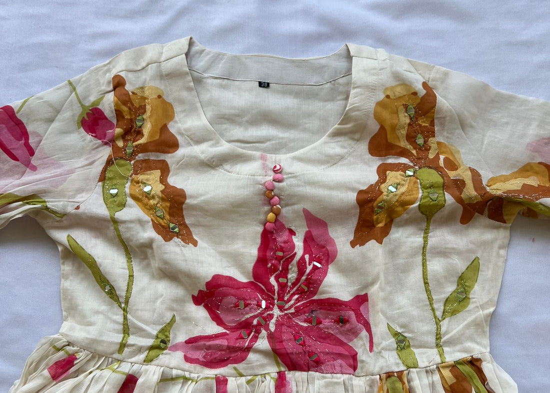 Half white & Pink Flowers Three Piece Kurti Set