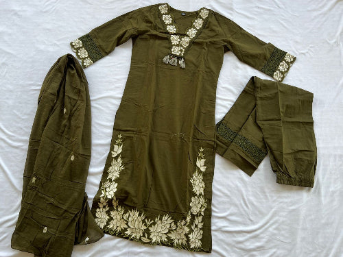 Mehendi Green Cotton  3pc Embroidery Kurti Set