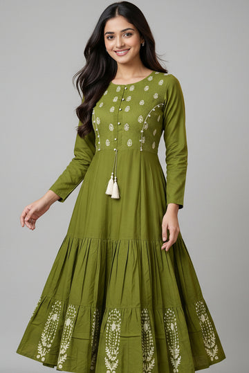Mehandhi Green Pure Cotton 3 Piece Kurti Set